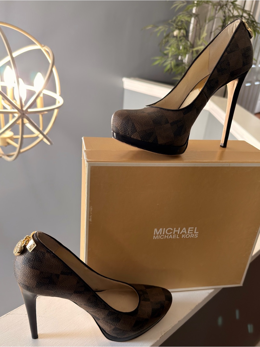 Michael Kors Brown Check Platform Stiletto Pumps